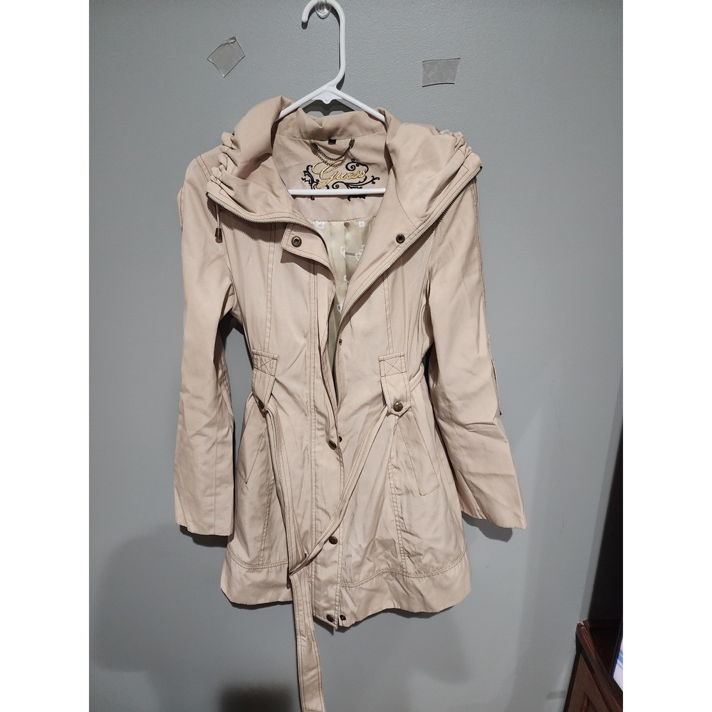 Guess Tan Belted Trench Coat Double Collar Ruffle Back Jacket Khaki Medium